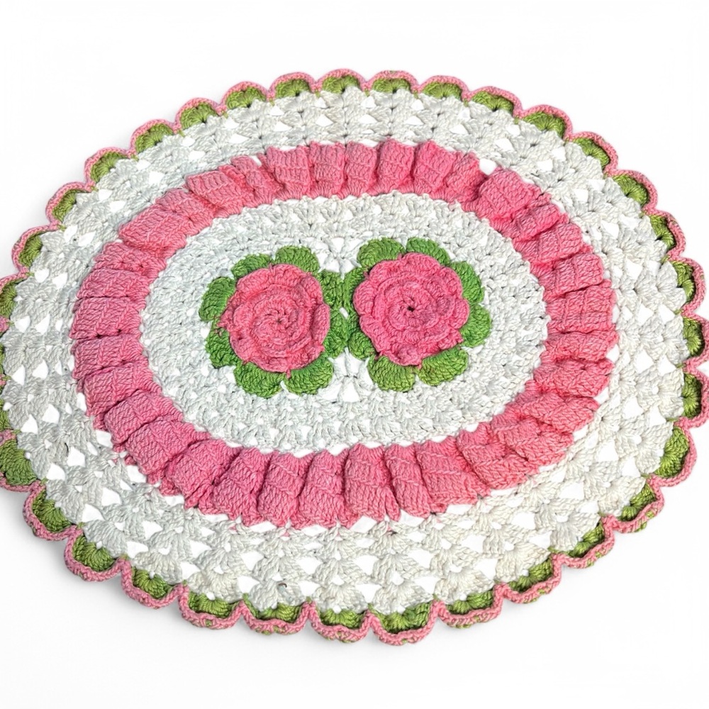 Handmade Vintage Crochet Doily Pink Green White Rosette